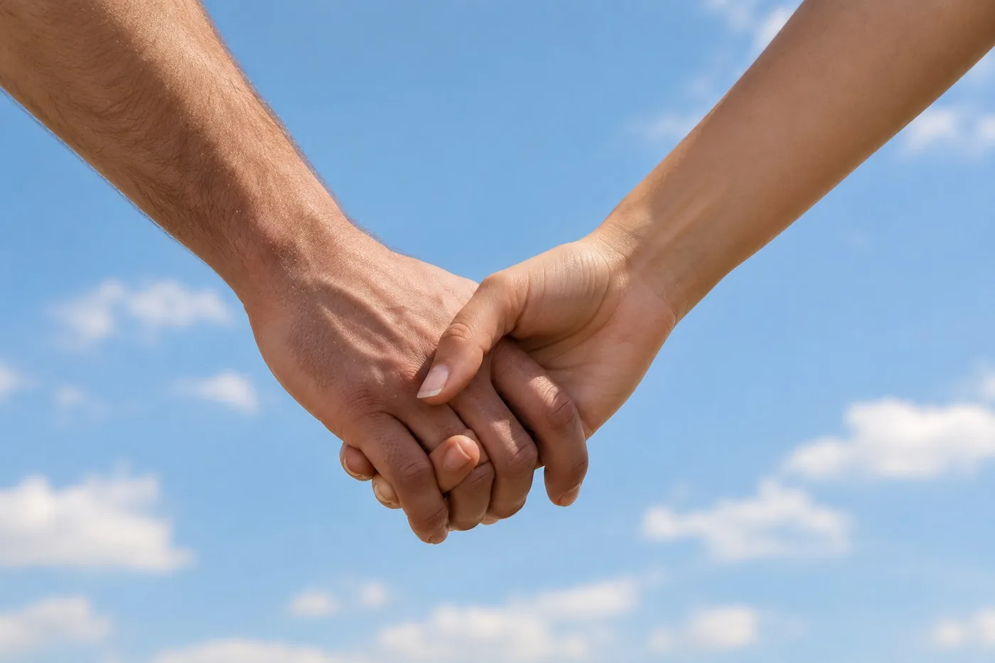 Duas mãos entrelaçadas suavemente sobre um fundo de céu aberto, representando amor e vida a coexistirem