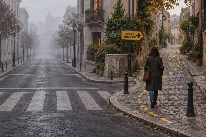 Cruzamento de rua com um caminho alternativo assinalado, simbolizando o evitamento de lugares no luto
