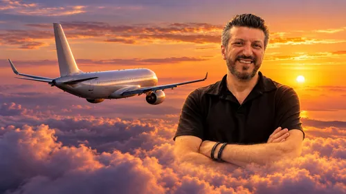 Lito Sousa sobre um céu ao entardecer, com um avião em voo, em homenagem ao criador do canal Aviões e Músicas