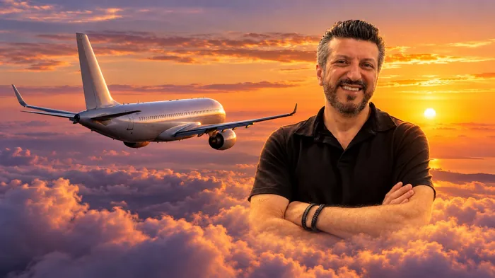 Lito Sousa sobre um céu ao entardecer, com um avião em voo, em homenagem ao criador do canal Aviões e Músicas