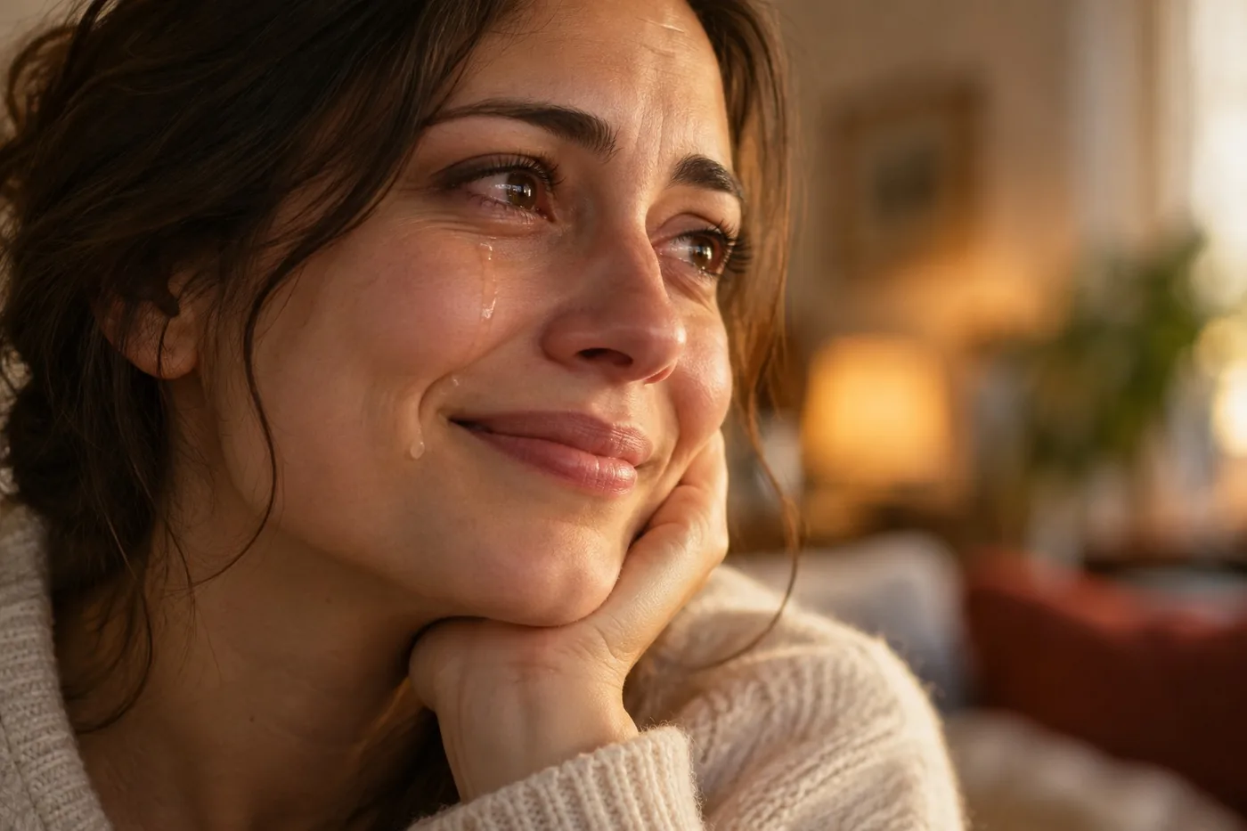 Pessoa a sorrir enquanto uma lágrima cai, representando uma memória feliz misturada com tristeza