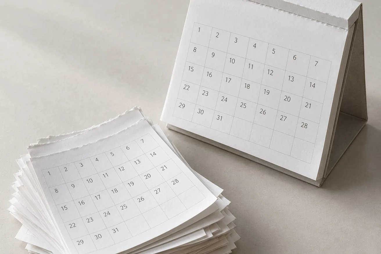 Calendário com várias páginas passadas empilhadas, sem nenhuma marcação, representando o tempo que passa sem mudança