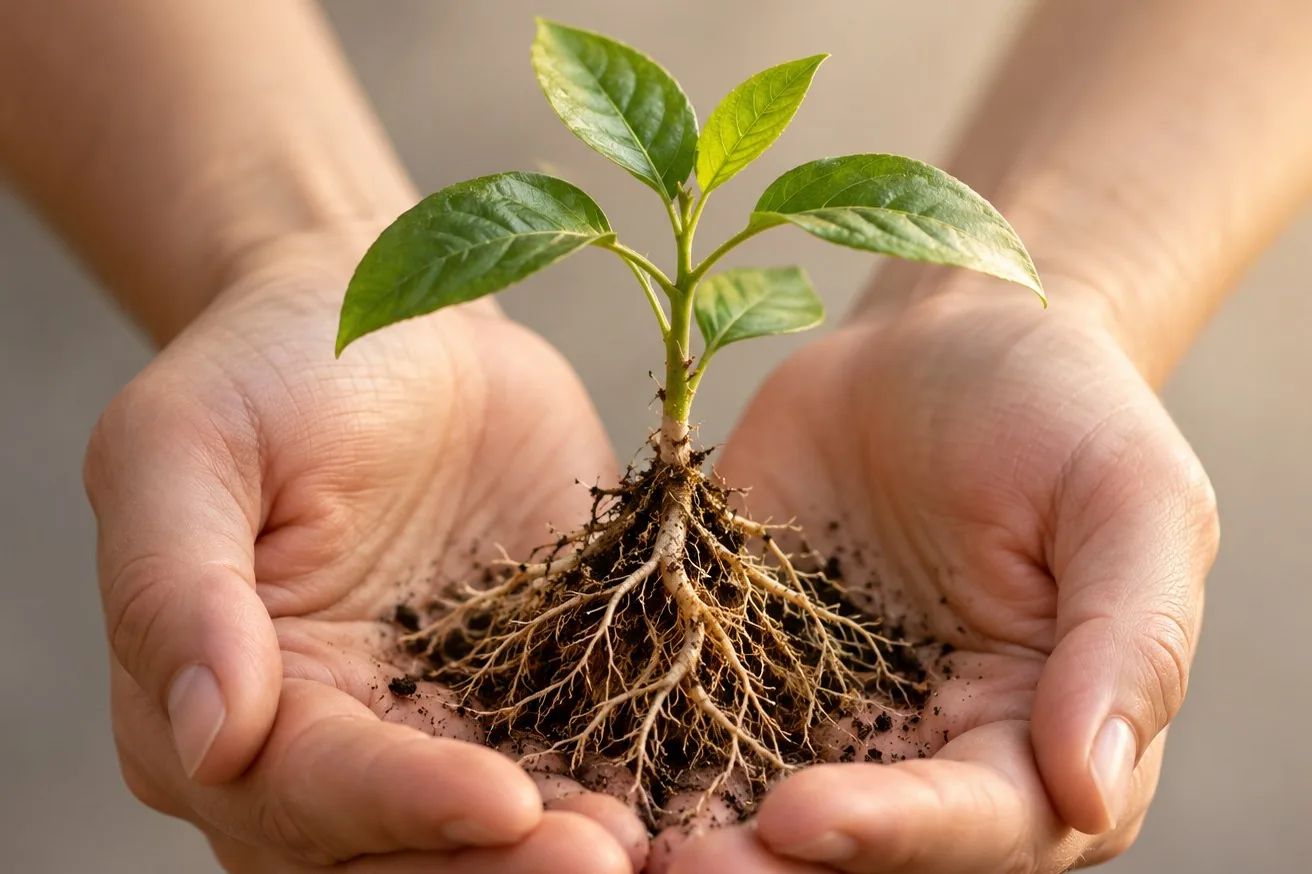 Mãos a segurar cuidadosamente uma pequena planta com raízes visíveis, simbolizando a estabilização antes do crescimento