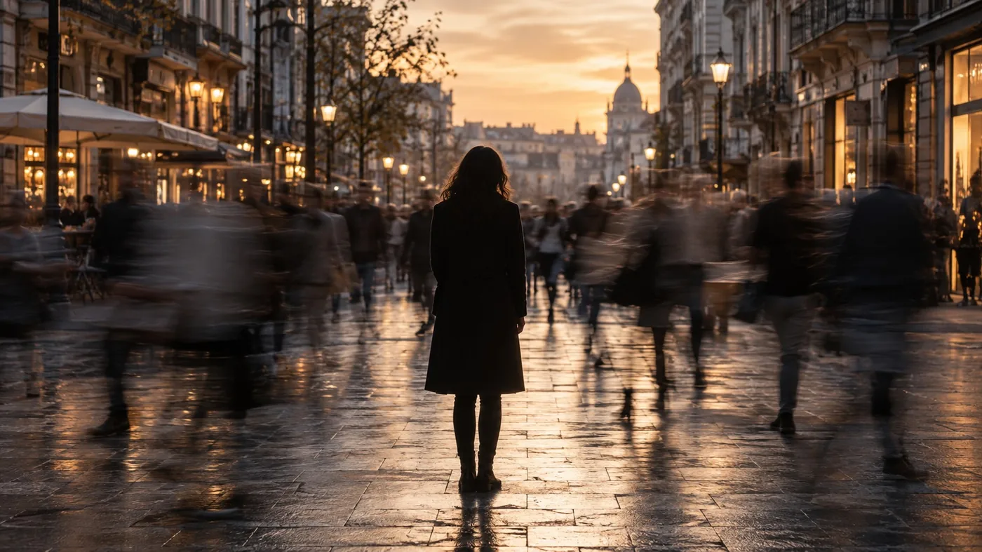 Silhueta de mulher parada, com a vida a passar desfocada à sua volta, representando a sensação de ficar presa ao momento da perda