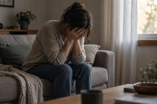 Mulher com as mãos no rosto, sentada, sinal de sobrecarga emocional relacionada com o luto