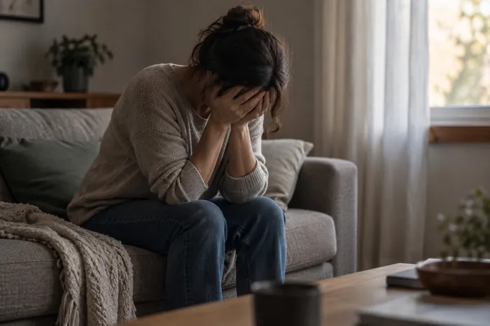 Mulher com as mãos no rosto, sentada, sinal de sobrecarga emocional relacionada com o luto