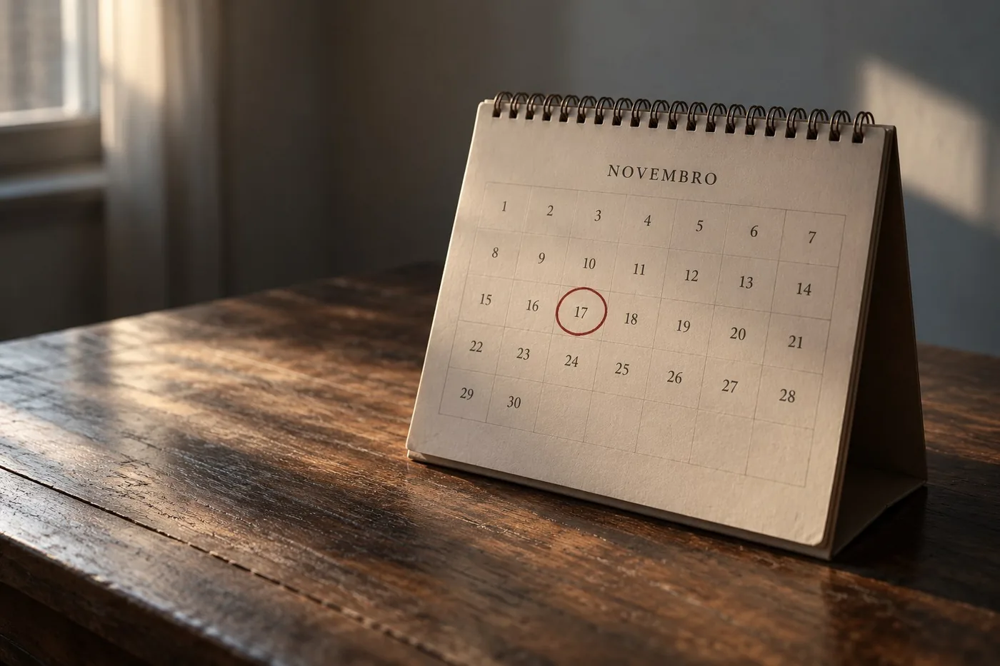 Calendário sobre uma mesa, com uma data assinalada, representando o peso de certas datas no luto