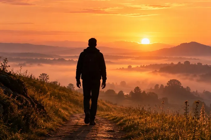 Silhueta de pessoa a caminhar ao amanhecer, com leveza, representando o regresso gradual à vida depois de uma perda