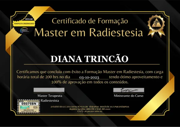 Certificado de Formação Master em Radiestesia de Diana Trincão