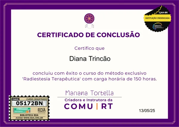 Certificado de conclusão do curso Radiestesia Terapêutica de Diana Trincão