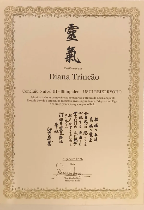 Certificado de Reiki Usui nível III Shinpiden de Diana Trincão